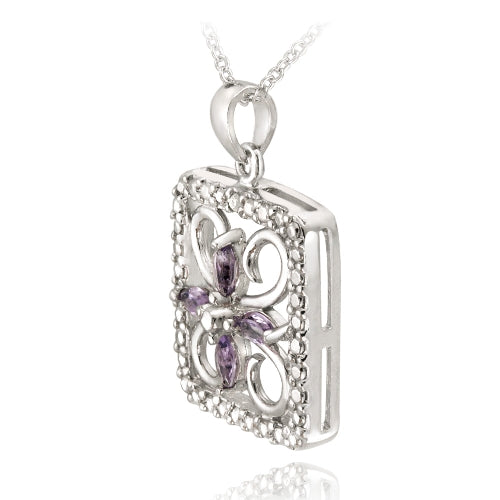 Sterling Silver Amethyst & Diamond Accent Filigree Flower Design Necklace-2