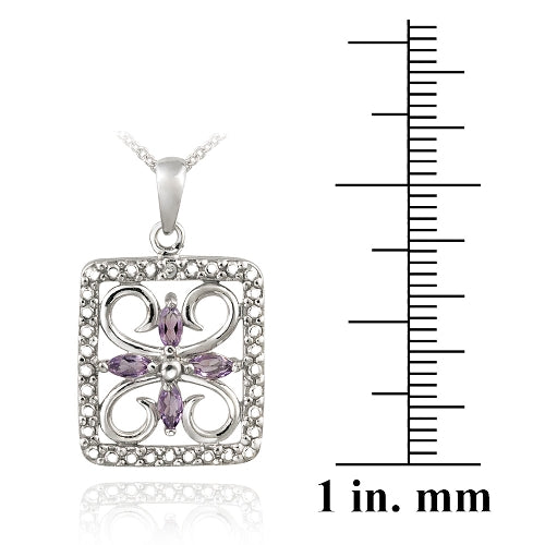 Sterling Silver Amethyst & Diamond Accent Filigree Flower Design Necklace-3