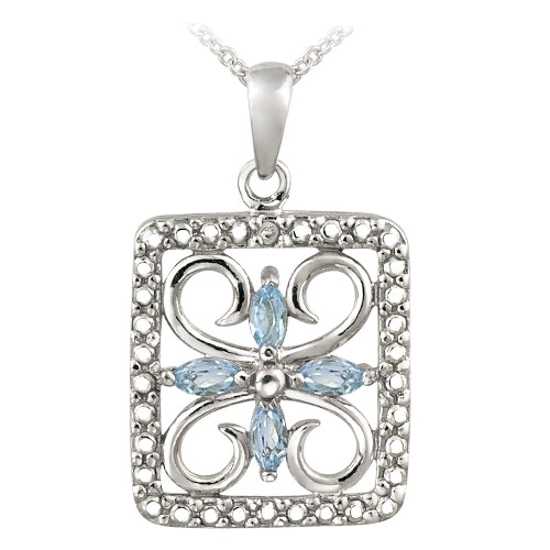 Sterling Silver Blue Topaz & Diamond Accent Filigree Flower Design Necklace