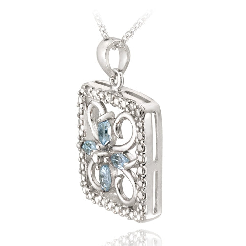 Sterling Silver Blue Topaz & Diamond Accent Filigree Flower Design Necklace-2
