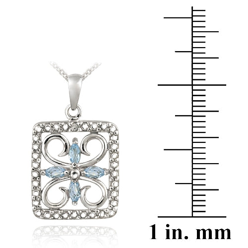 Sterling Silver Blue Topaz & Diamond Accent Filigree Flower Design Necklace-3