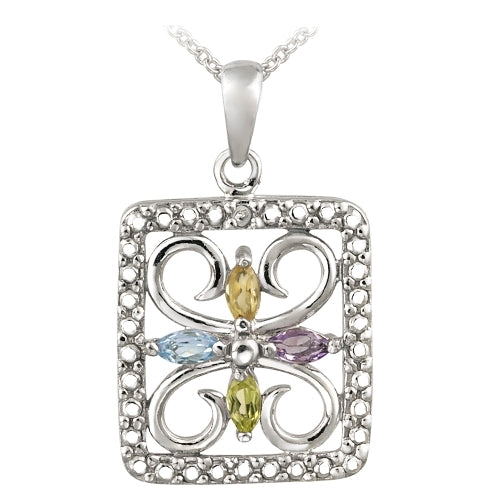 Sterling Silver Multi-Gemstone & Diamond Accent Filigree Flower Design Necklace-2