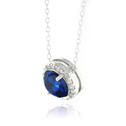 Sterling Silver 2.25ct Created Blue Sapphire & CZ Round Slide Necklace-2