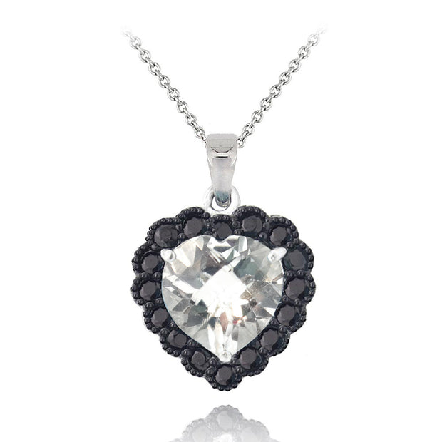 Sterling Silver 4ct White Topaz & Black Spinel Heart Necklace