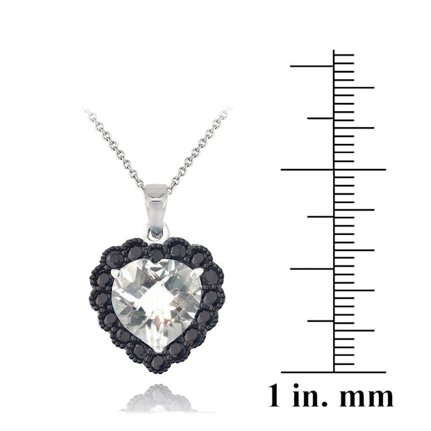 Sterling Silver 4ct White Topaz & Black Spinel Heart Necklace