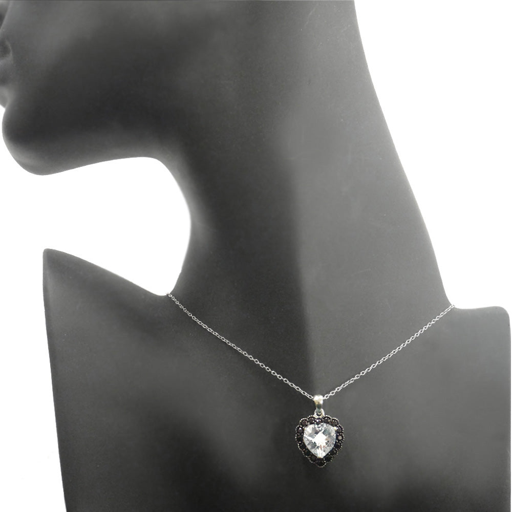 Sterling Silver 4ct White Topaz & Black Spinel Heart Necklace-4