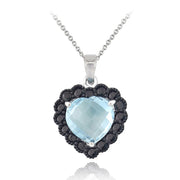 Sterling Silver 4ct Blue Topaz & Black Spinel Heart Necklace