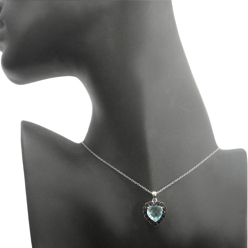 Sterling Silver 4ct Blue Topaz & Black Spinel Heart Necklace-4