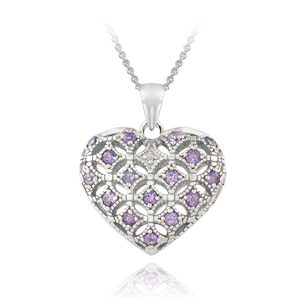 Sterling Silver Amethyst & Diamond Accent Heart Locket Necklace