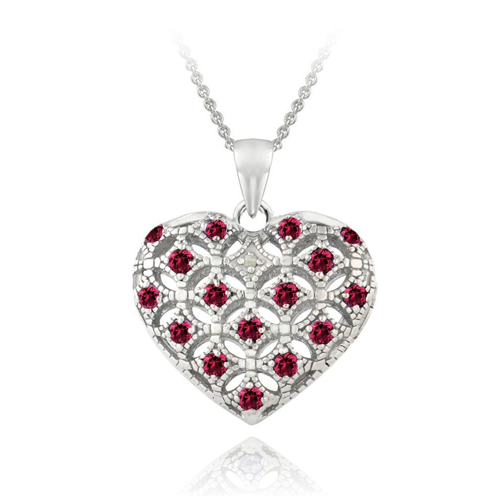 Sterling Silver Created Ruby & Diamond Accent Heart Locket Necklace