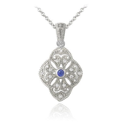 Sterling Silver Blue & Clear CZ Filligree Flower Necklace
