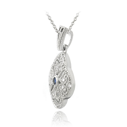 Sterling Silver Blue & Clear CZ Filligree Flower Necklace-2