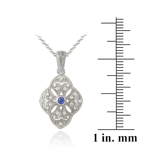 Sterling Silver Blue & Clear CZ Filligree Flower Necklace