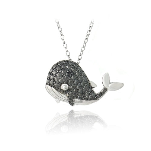 Sterling Silver Black Diamond Accent Whale Necklace