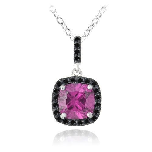 Sterling Silver 3.25ct Created Pink Sapphire & Black Spinel Square Necklace