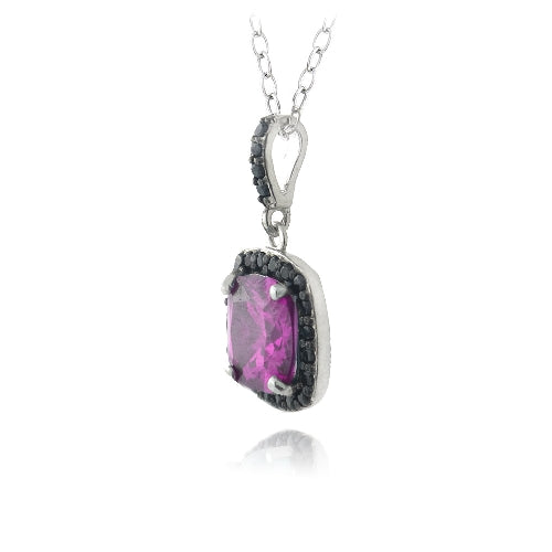 Sterling Silver 3.25ct Created Pink Sapphire & Black Spinel Square Necklace-2