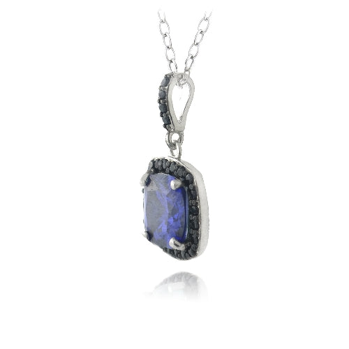 Sterling Silver 2.75ct Created Tanzanite & Black Spinel Square Necklace-2
