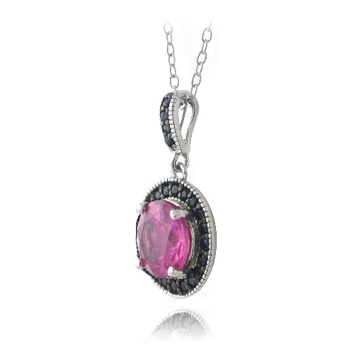 Sterling Silver 3.25ct Created Pink Sapphire & Black Spinel Round Necklace