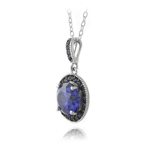 Sterling Silver 2.75ct Created Tanzanite & Black Spinel Round Necklace-2