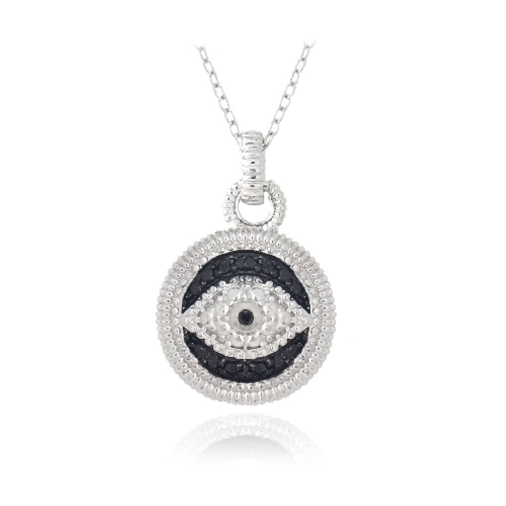 Sterling Silver 1/10ct Black Diamond Round Evil Eye Necklace