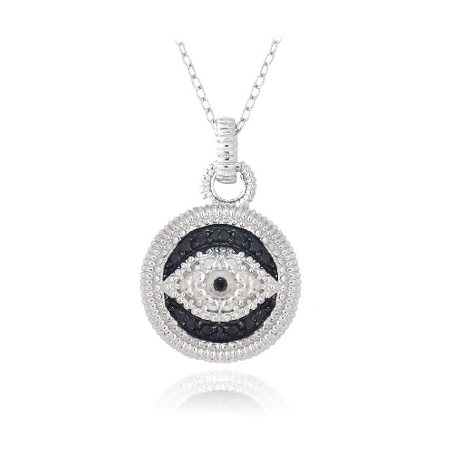 Sterling Silver 1/10ct Black Diamond Round Evil Eye Necklace-2