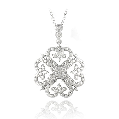 Sterling Silver 1/10ct Diamond Heart Clover Filigree Dangle Necklace