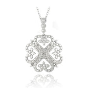 Sterling Silver 1/10ct Diamond Heart Clover Filigree Dangle Necklace