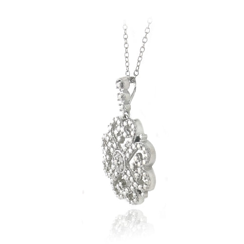 Sterling Silver 1/10ct Diamond Heart Clover Filigree Dangle Necklace-2