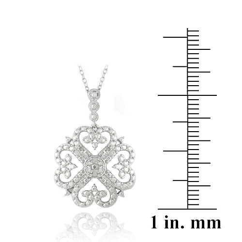 Sterling Silver 1/10ct Diamond Heart Clover Filigree Dangle Necklace