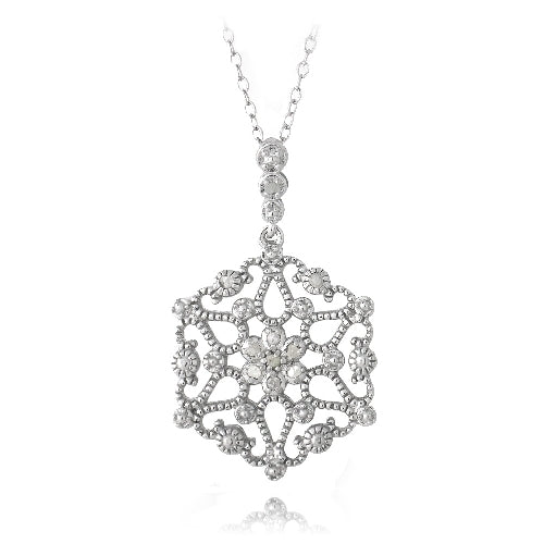 Sterling Silver 1/10ct Diamond Flower Filigree Dangle Necklace