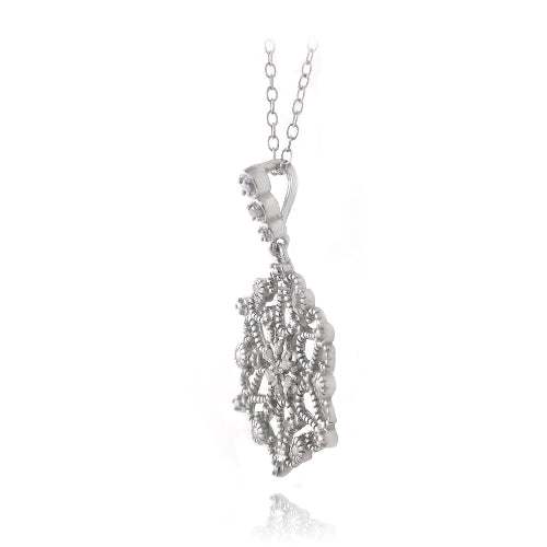 Sterling Silver 1/10ct Diamond Flower Filigree Dangle Necklace-2
