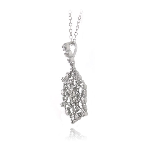 Sterling Silver 1/10ct Diamond Flower Filigree Dangle Necklace