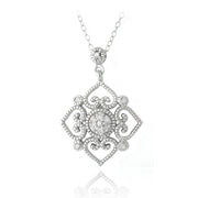 Sterling Silver 1/10ct Diamond Heart Flower Filigree Dangle Necklace