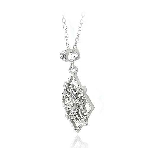 Sterling Silver 1/10ct Diamond Heart Flower Filigree Dangle Necklace-2