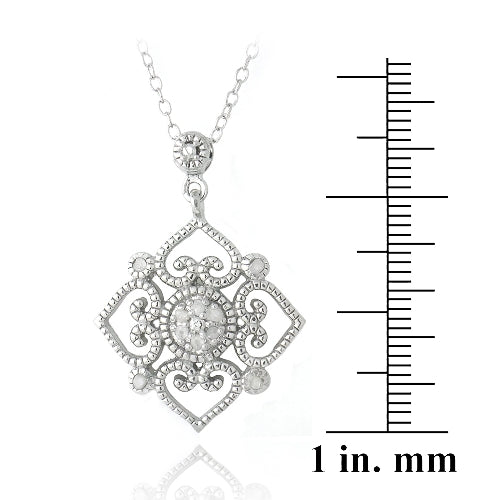 Sterling Silver 1/10ct Diamond Heart Flower Filigree Dangle Necklace-3