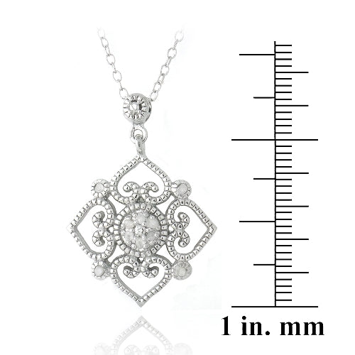 Sterling Silver 1/10ct Diamond Heart Flower Filigree Dangle Necklace
