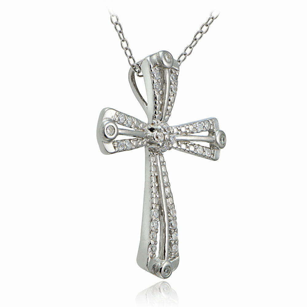 Sterling Silver Cubic Zirconia Cross Ribbon Necklace-2