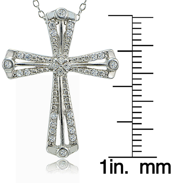 Sterling Silver Cubic Zirconia Cross Ribbon Necklace