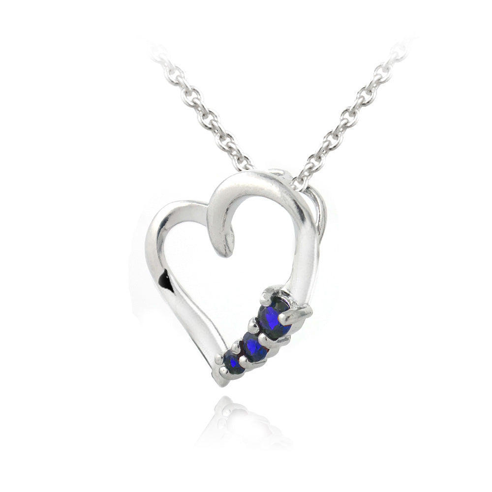 Sterling Silver Created Blue Sapphire Three Stone Floating Heart Necklace-2