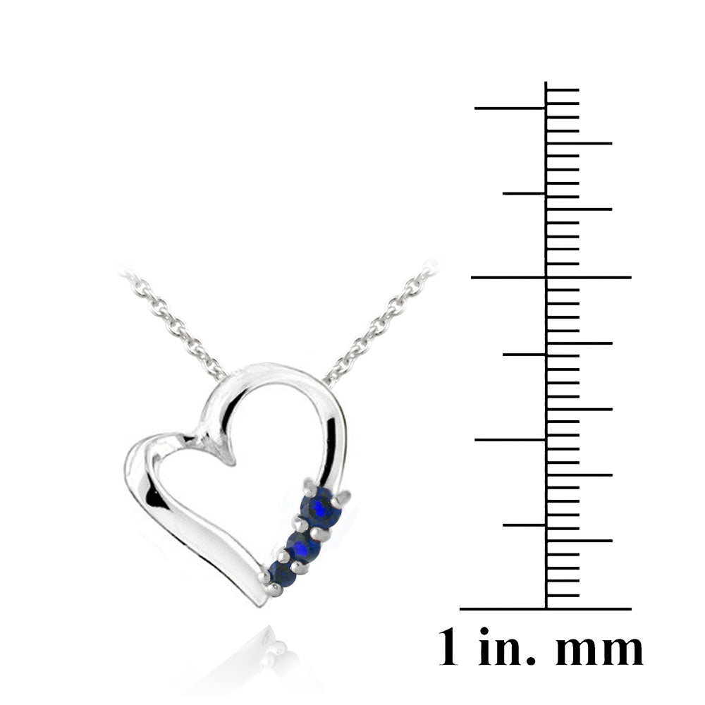 Sterling Silver Created Blue Sapphire Three Stone Floating Heart Necklace-3
