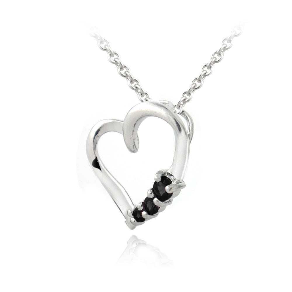 Sterling Silver Black Spinel Three Stone Floating Heart Necklace-2