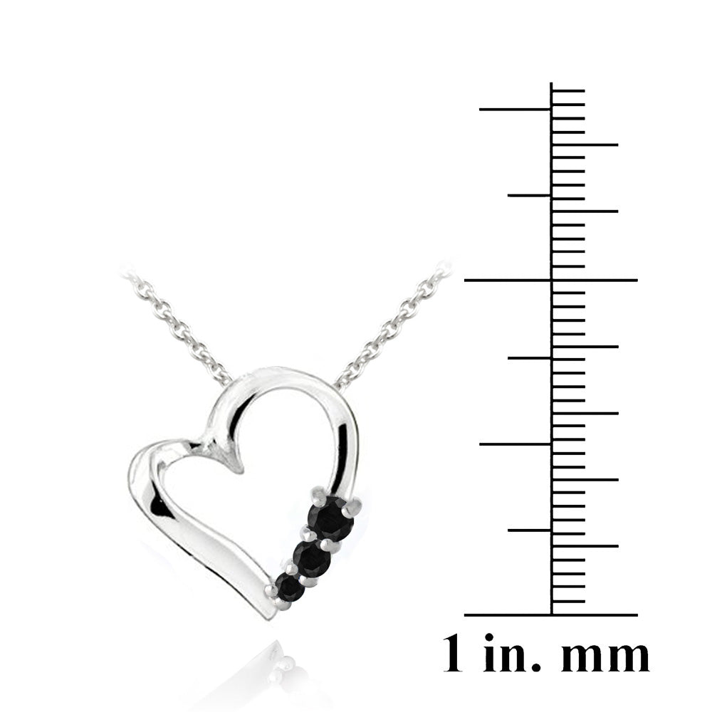 Sterling Silver Black Spinel Three Stone Floating Heart Necklace-3