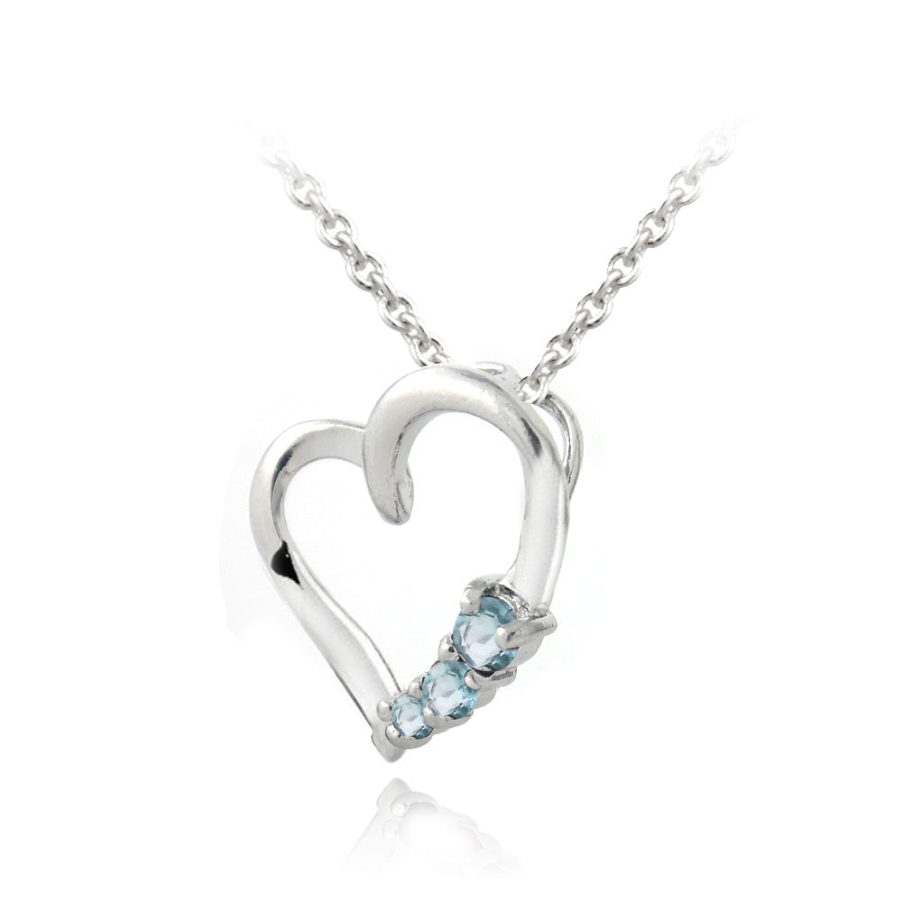 Sterling Silver Blue Topaz Three Stone Floating Heart Necklace-2