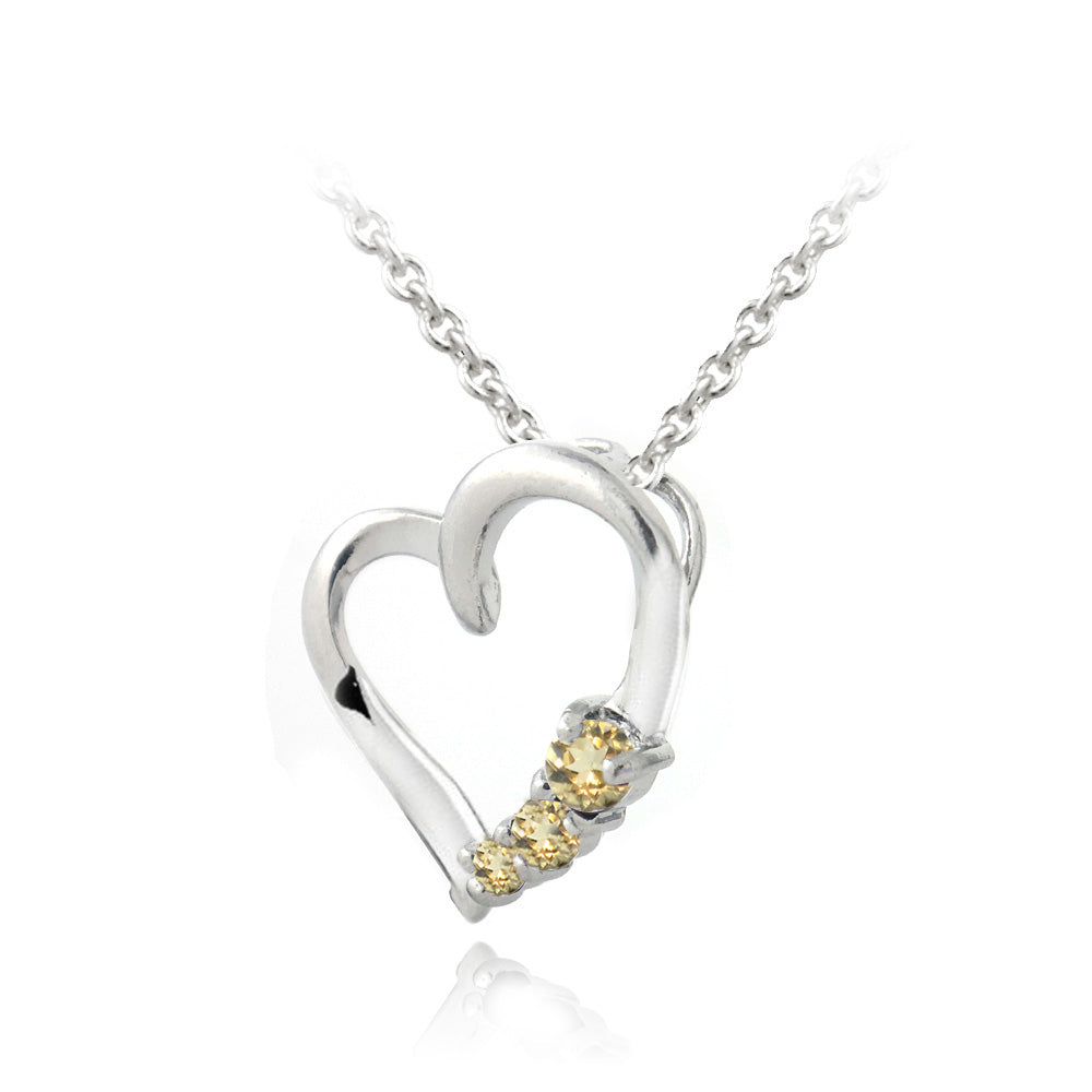 Sterling Silver Citrine Three Stone Floating Heart Necklace-2