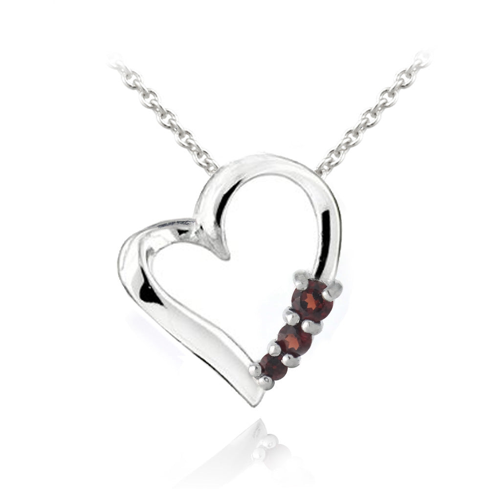 Sterling Silver Garnet Three Stone Floating Heart Necklace