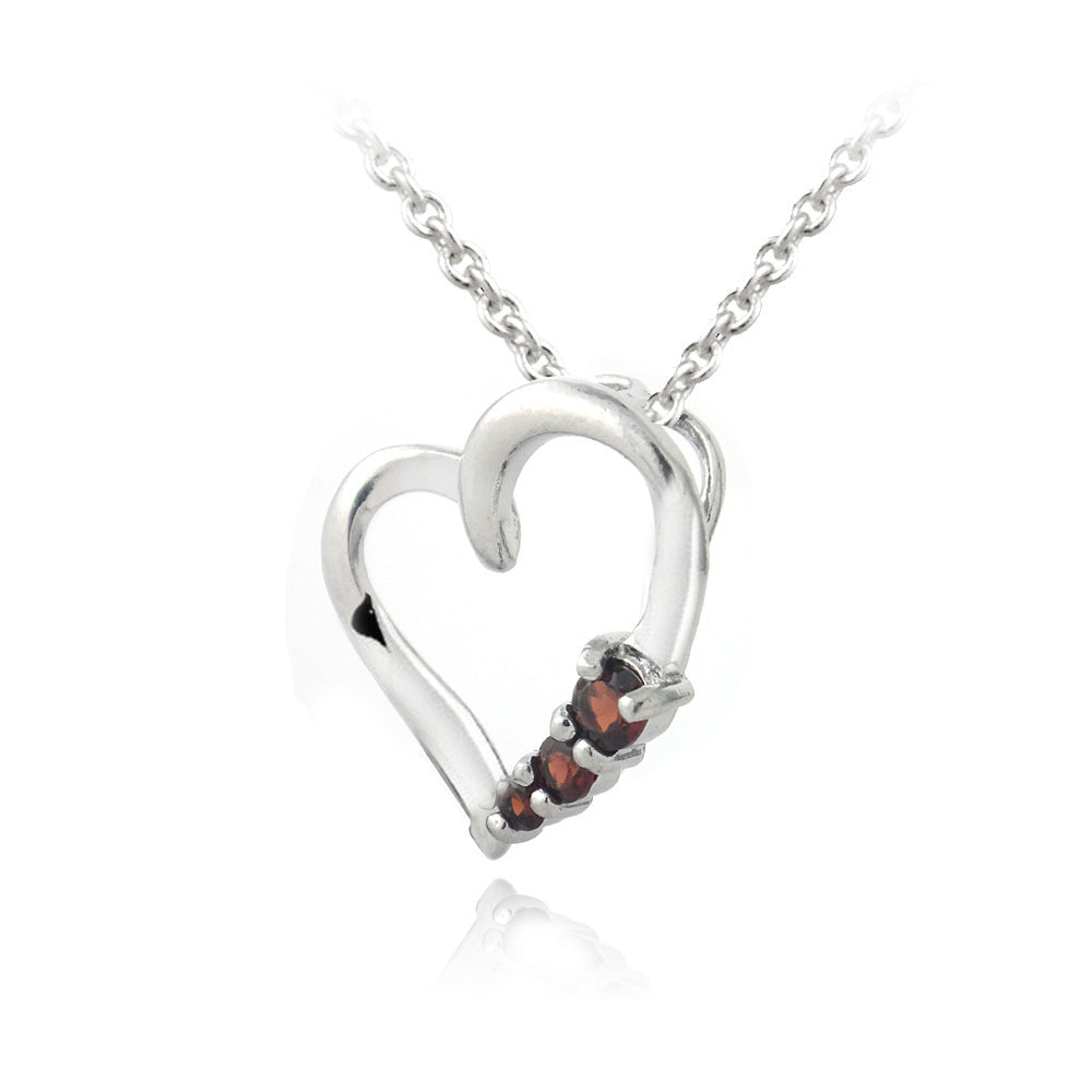 Sterling Silver Garnet Three Stone Floating Heart Necklace-2