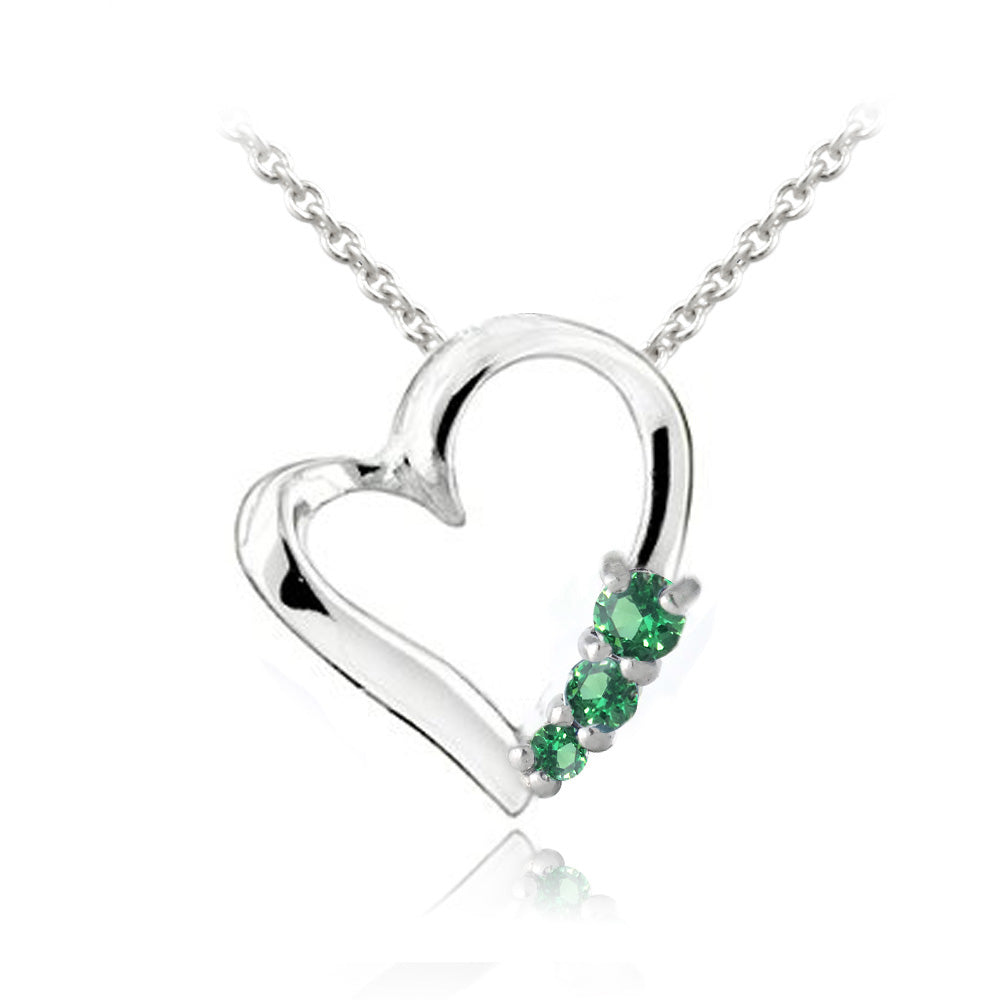 Sterling Silver Created Emerald Three Stone Floating Heart Necklace