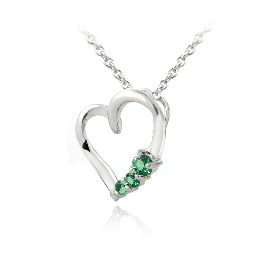 Sterling Silver Created Emerald Three Stone Floating Heart Necklace-2