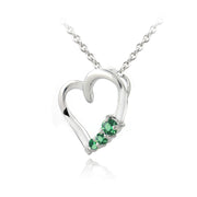 Sterling Silver Created Emerald Three Stone Floating Heart Necklace