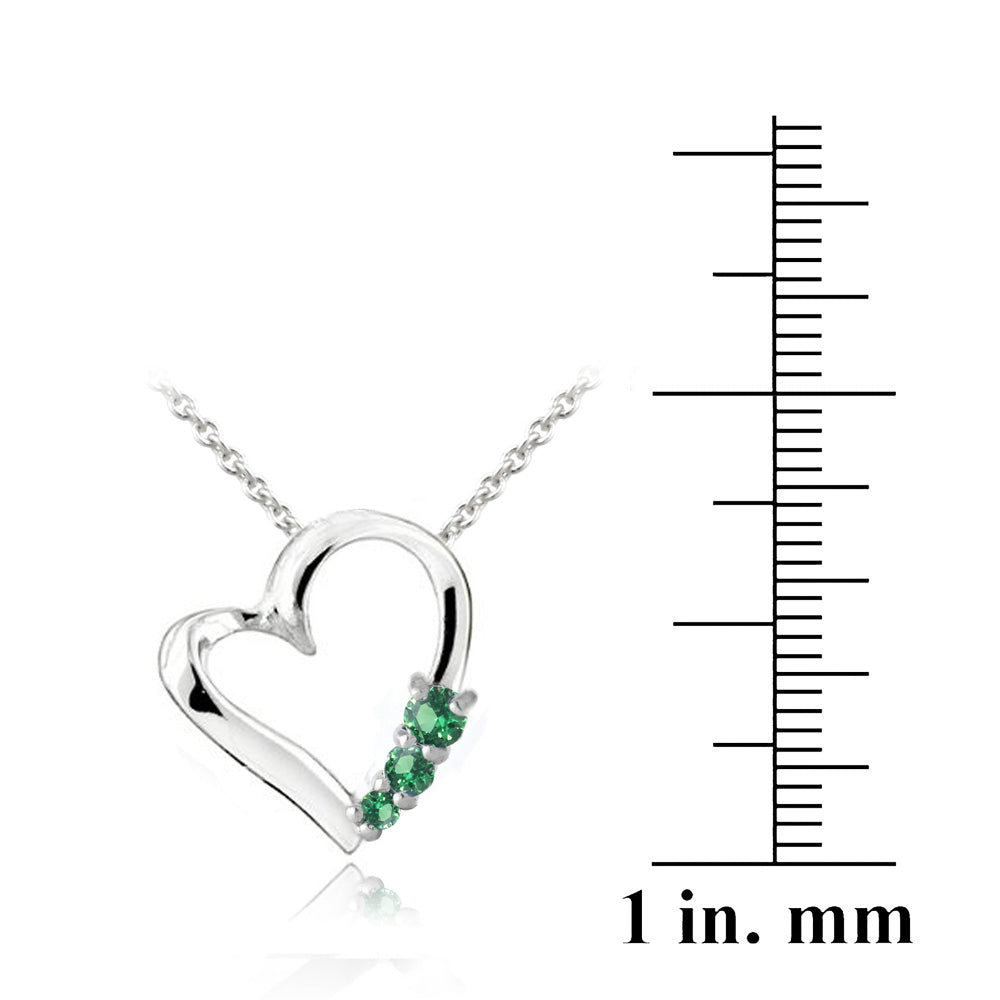 Sterling Silver Created Emerald Three Stone Floating Heart Necklace-3